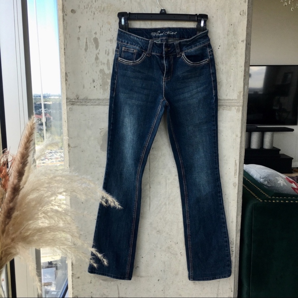 Wired Heart Dark Wash with Embroidered Cross Boot Cut Trouser Jeans 27